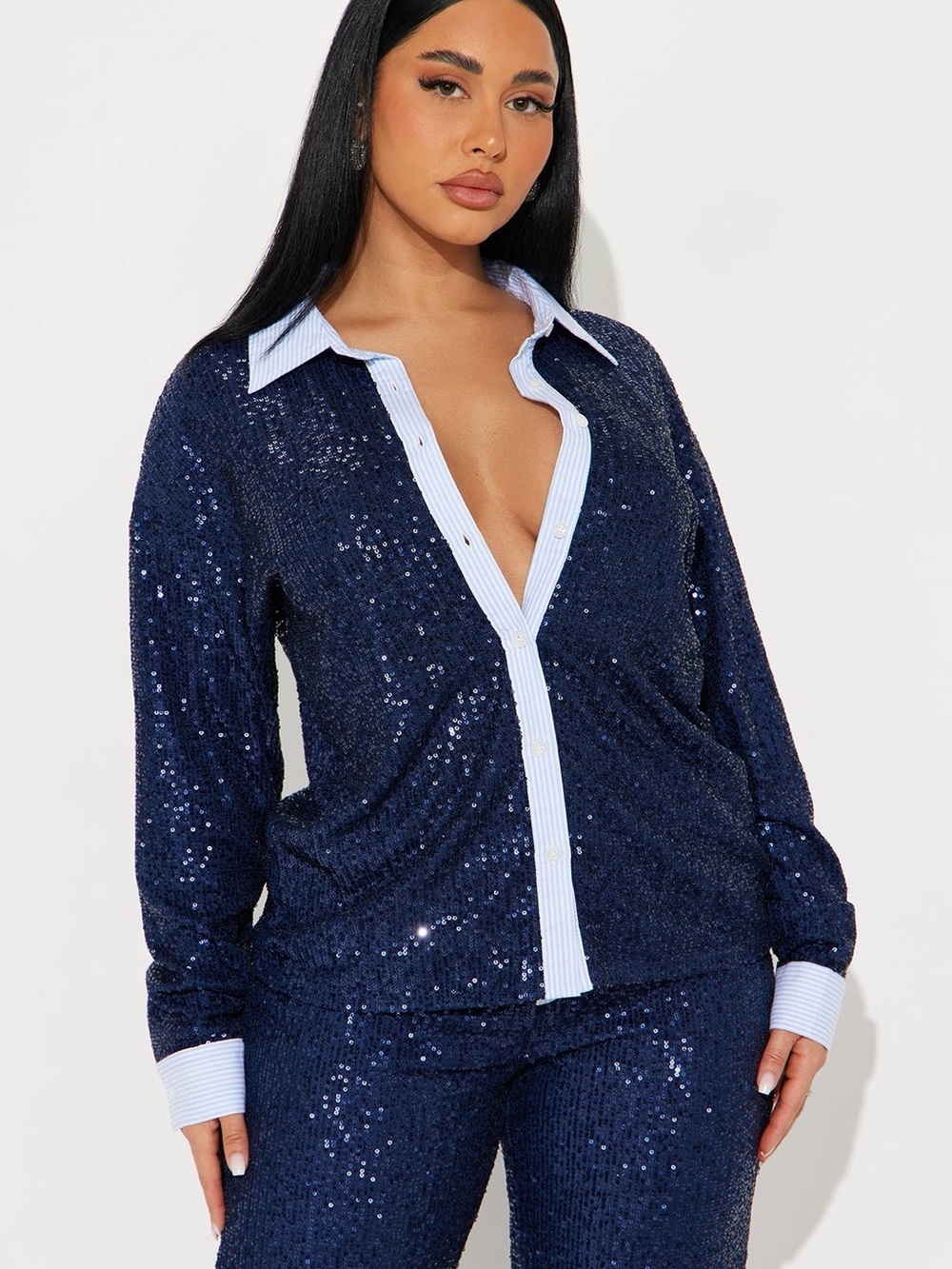 Two Piece Navy Sequin Button-Up Top and Pant with Contrast Trim - Picture 3 of 4